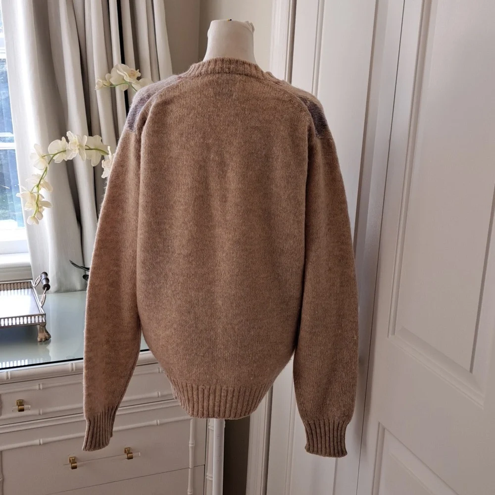 Alan Paine Mens Vintage‎ English Shetland Wool Argyle Sweater Tan/Lilac/Rust S-M
